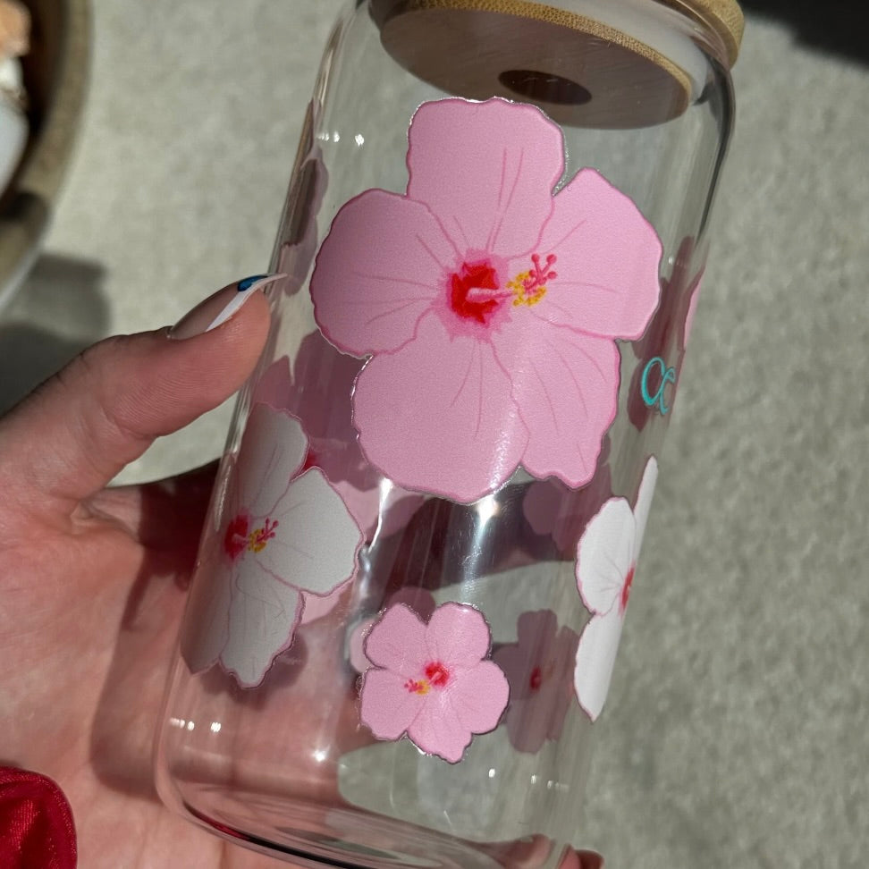 Pink Hibiscus Glass Tumbler