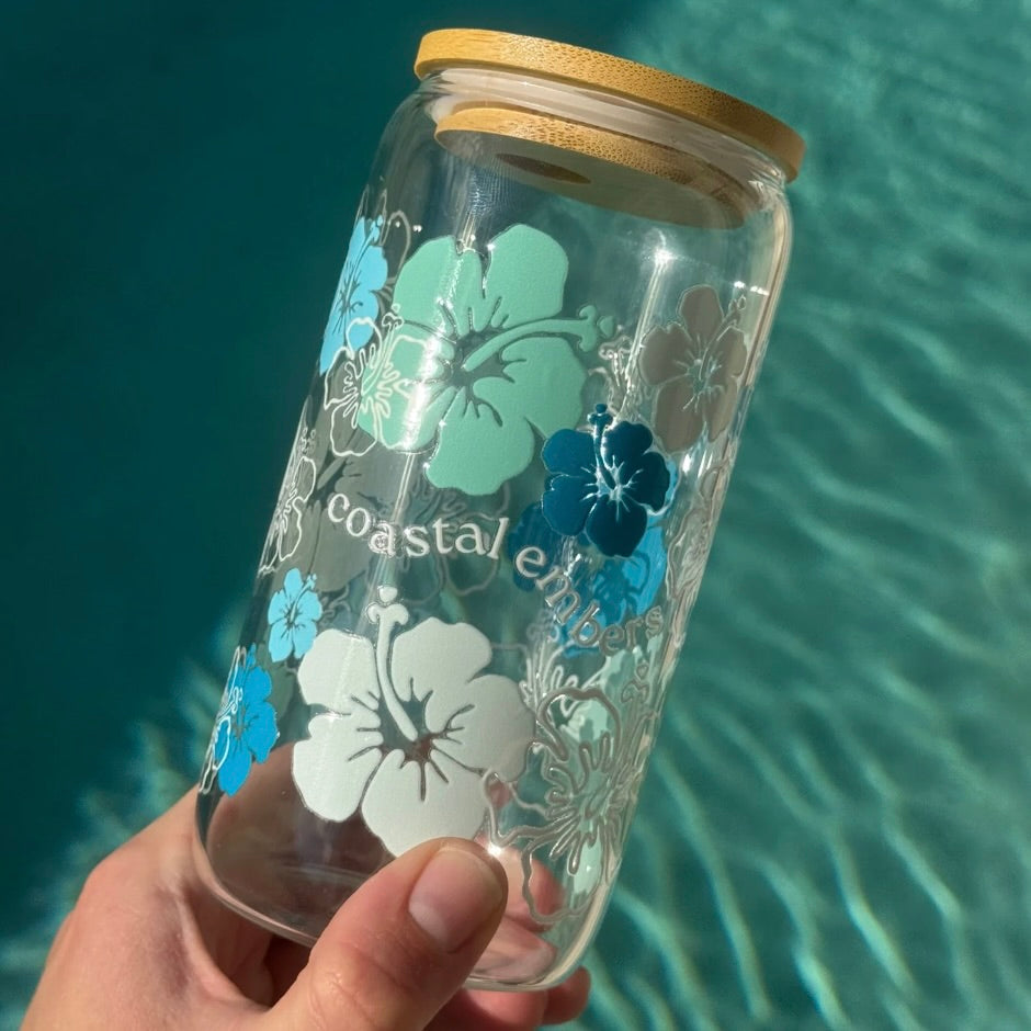 Ocean Hibiscus Glass Tumbler