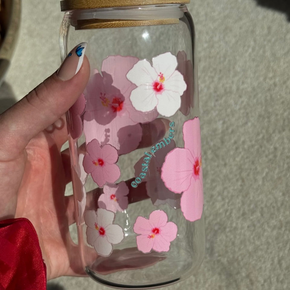 Pink Hibiscus Glass Tumbler