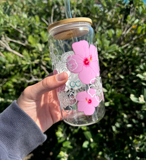 Glass Tumbler Hibiscus | Pink & White