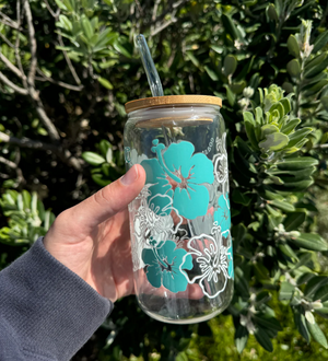 Glass Tumbler Hibiscus | Blue & white